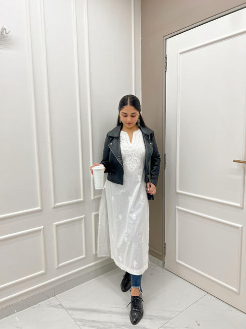 Sharmin in HOK Chikankari Long Kurti for Women in white